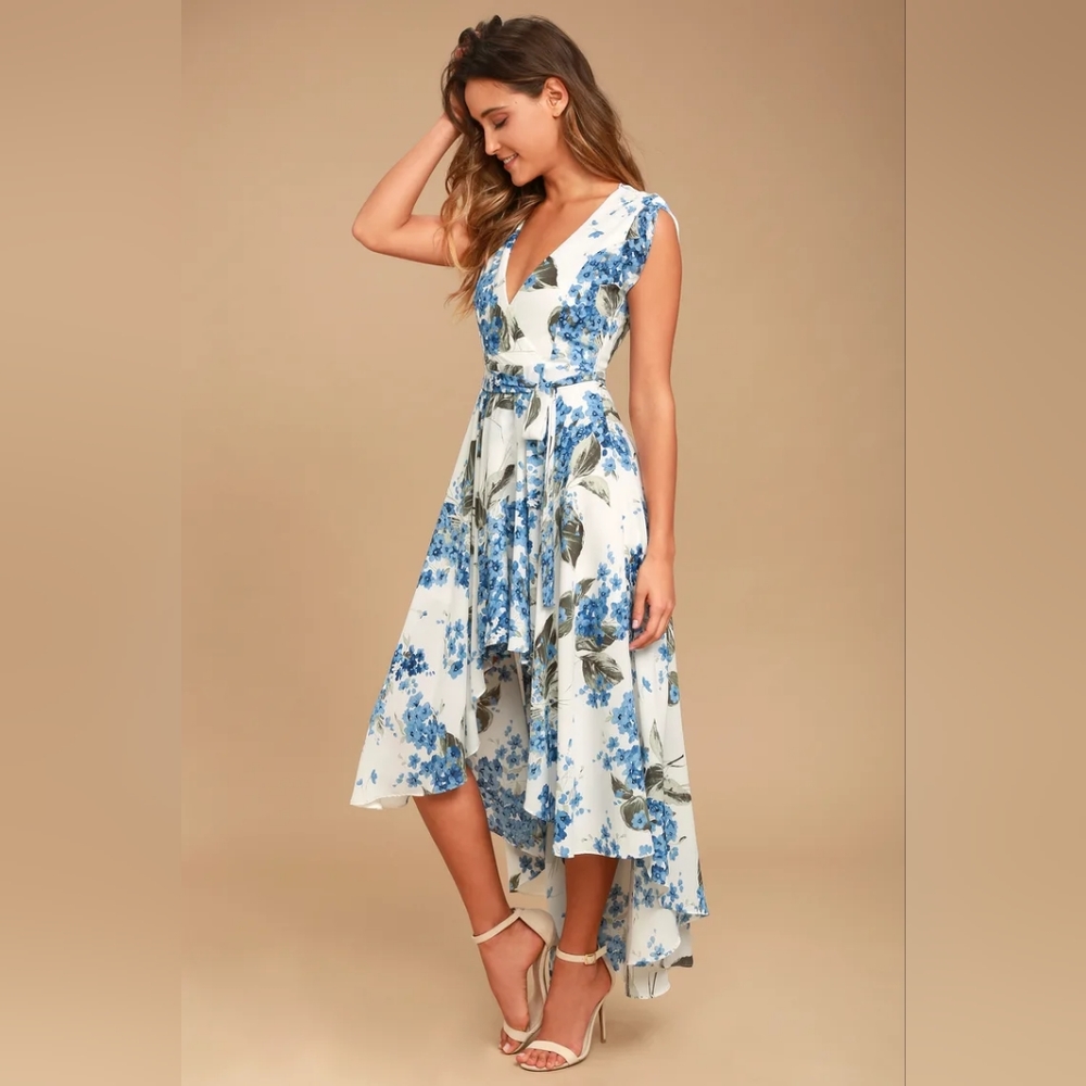 White and Blue Floral Print High-Low Dress